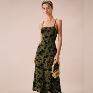 Elegant Olive Green Floral Dress